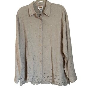 Talbots Irish Linen Beige Floral Embroidered Eyelet Scalloped Hem Shirt Large